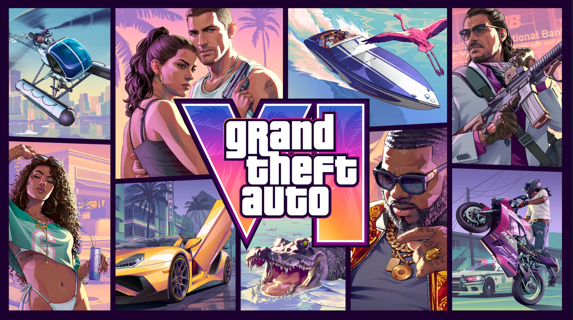 Offizielle Key Art von Grand Theft Auto VI mit Lucia, Jason und weiteren Figuren aus Leonida